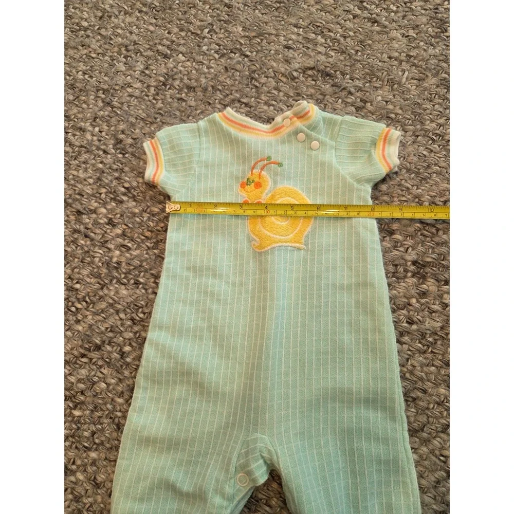 Vintage 80s Carter's Outfit Romper Sleeper Green Yellow Snail Applique Infant 3m